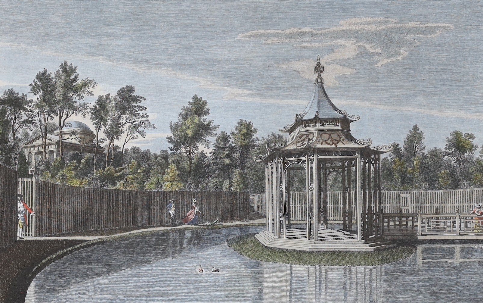 After Charles Grignion (1721-1810), two hand coloured engravings, A View of The Aviary and Parterre in the Royal Gardens at Kew and View of the Menagerie and it's Pavilion in The Royal Gardens at Kew, overall 34 x 49cm